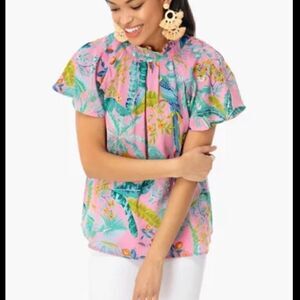RARE! Banjanan Pink Joyful Wild Lisbon Gauzy Ruffle Mock Neck Trim Top